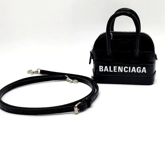 BALENCIAGA Black Calfskin Logo Crocodile Embossed Mini Ville Top Handle Bag XXS - Picture 3 of 16